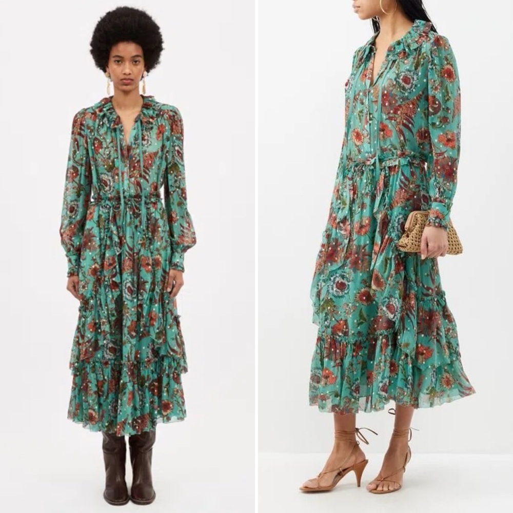Ulla Johnson Audette Tiered Floral Silk Chiffon Dress Aqua Multi Size 6 - Picture 2 of 9